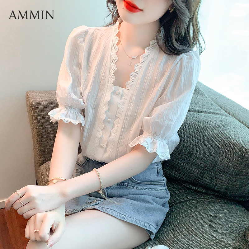 AMMIN 2023 new summer French retro sweet embroidery hollow lace v neck short sleeve elegant blouse women's Korean style puff sleeve design striped cotton shirt female ins tops