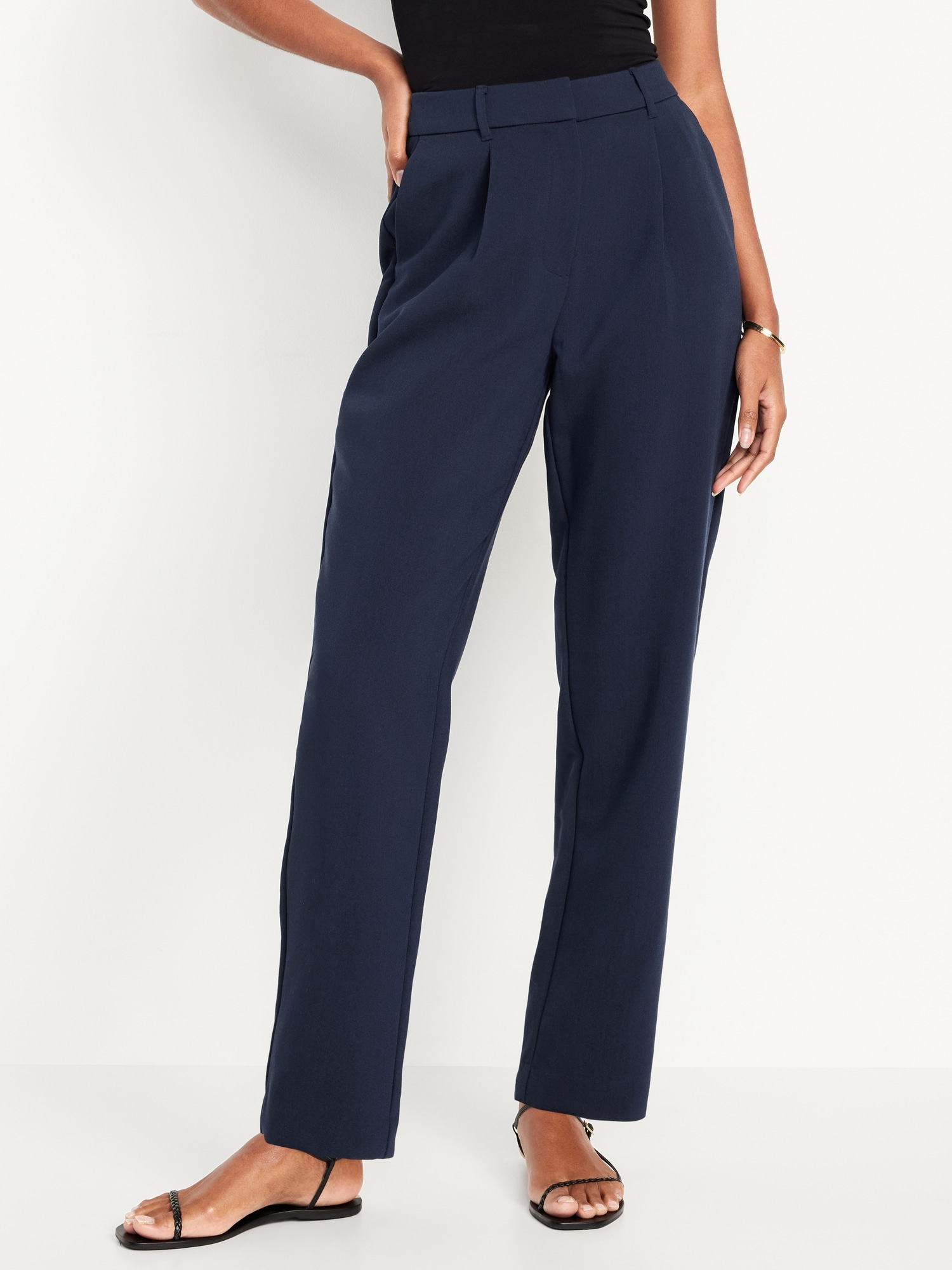 old navy women's dress pants Womens Strechable elastic waist side zipper red bar closure zip fly belt loops interior button diagonal front pockets faux Dressy Pants for Women |