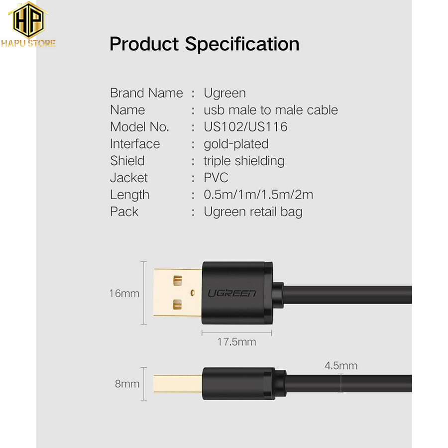 Dây USB 2 đầu đực Ugreen 10310 dài 1.5m - Cáp USB 2.0  - Hapuhouse