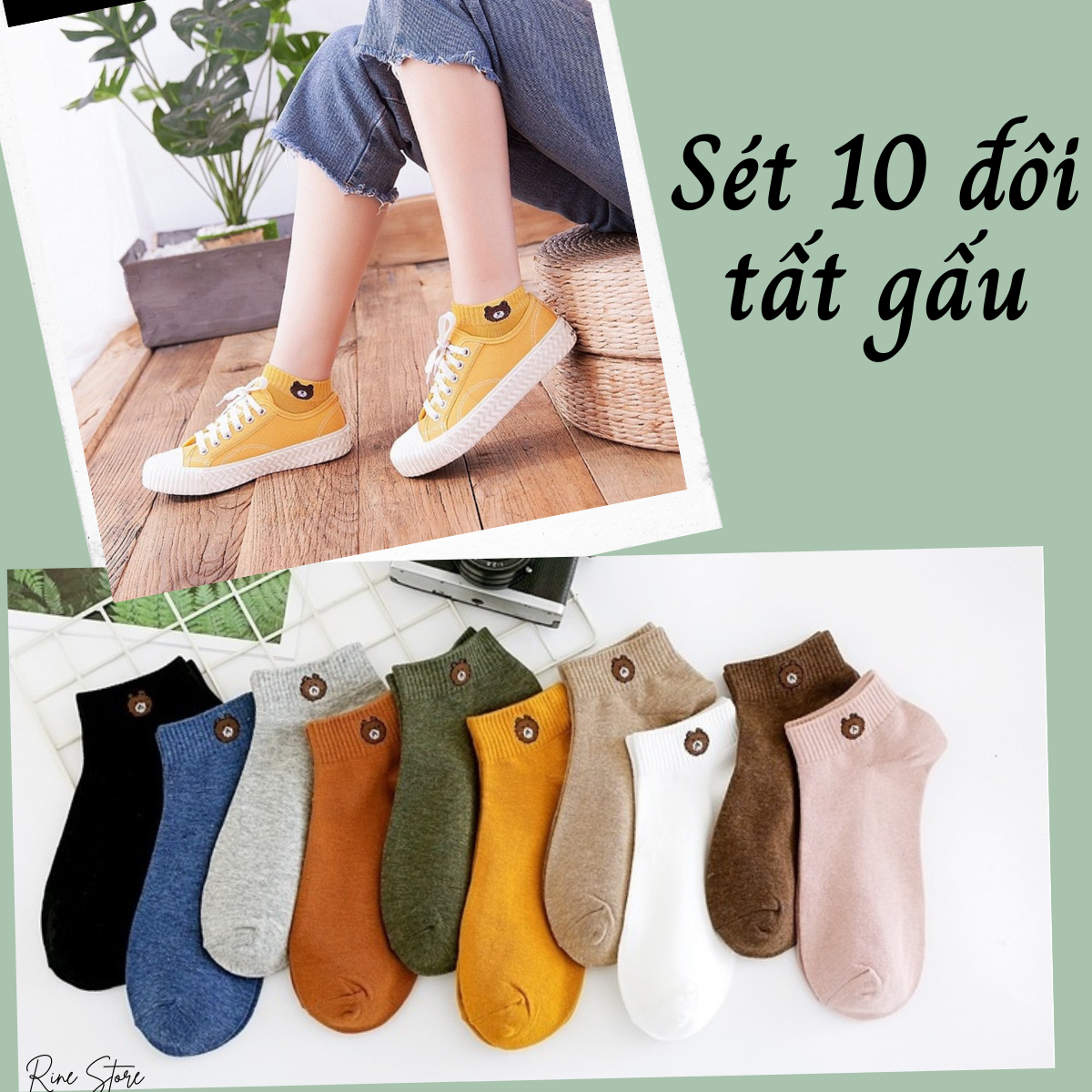 Sét 10 Đôi Tất, Vớ Gấu Nữ Cổ Ngắn Chất Liệu Cotton Mềm Mịn, Thông Thoáng Thấm Hút Mồ Hôi