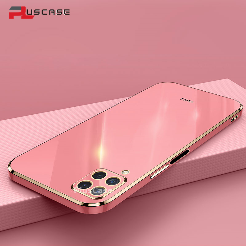 PlusCase for Samsung Galaxy A12 6D Plating Soft Case Lens Protector Square Frame Silicone Glossy Shockproof Phone Back Cover