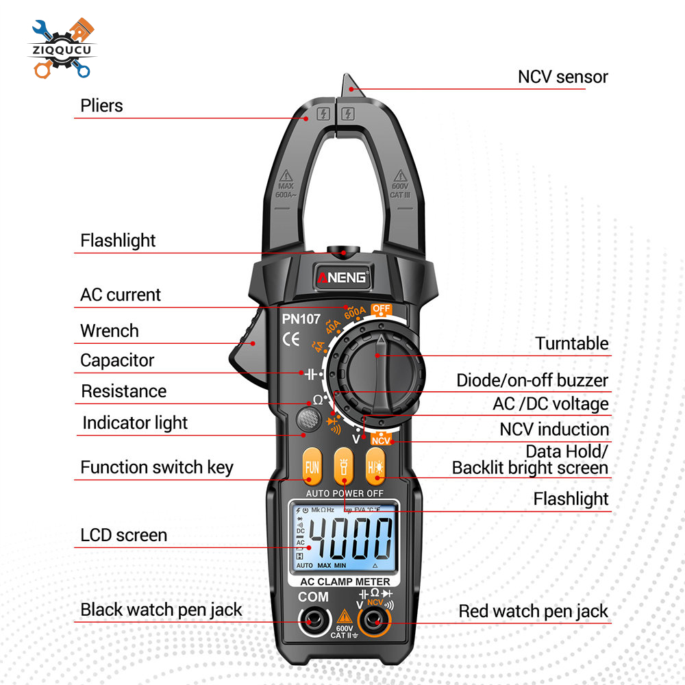 Ziqqucu ANENG Clamp Meter Multimeter Tester Auto Ranging TRMS 4000 Counts AC DC Current Voltage Ohm Volt Amp Meter Electrical Tools