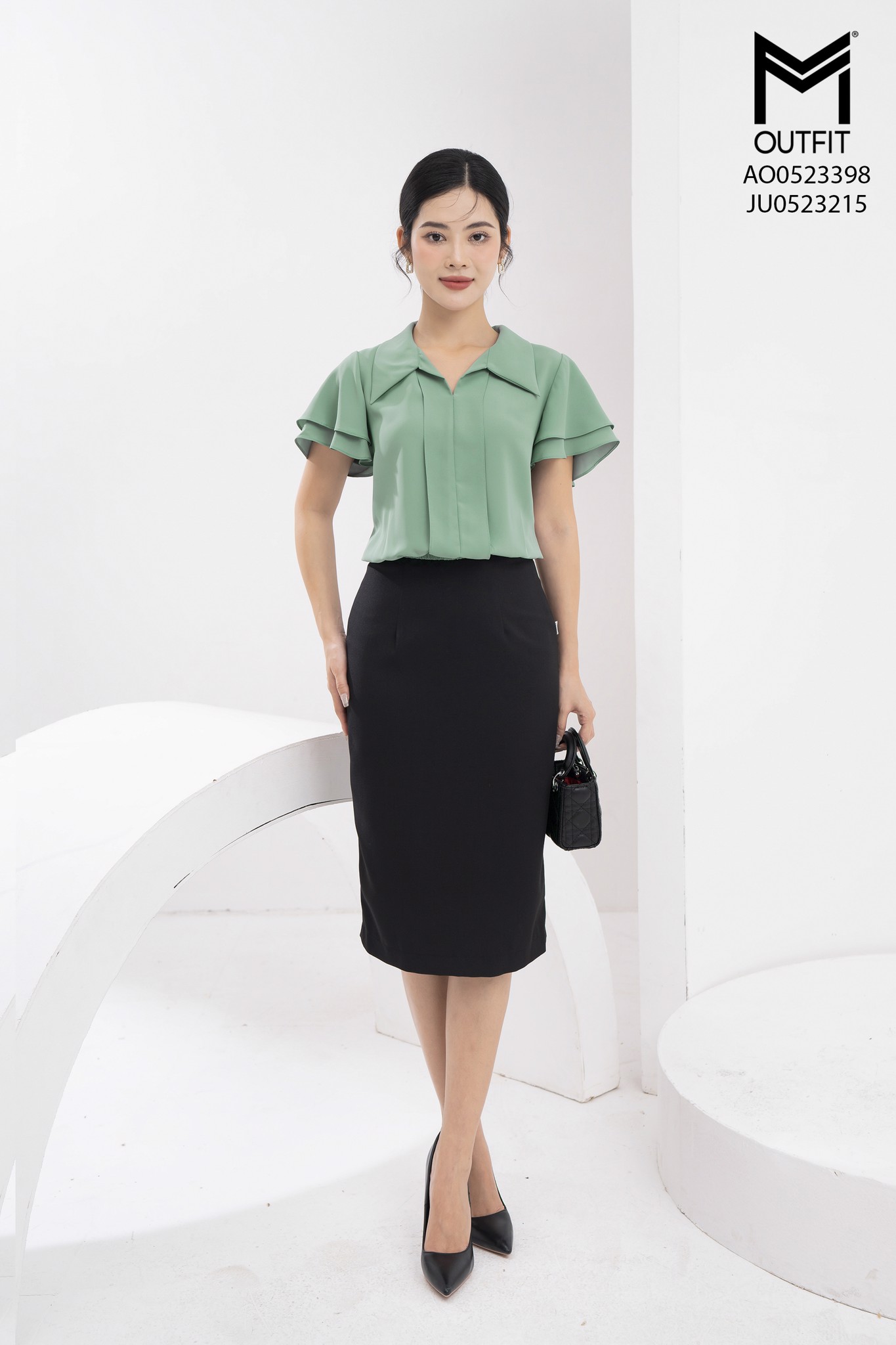 Áo sơ mi dáng croptop chun eo- Mmoutfit