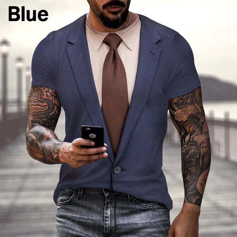 Summer Fashion Funny Fake Suit 3D Printed Men Black T Shirt