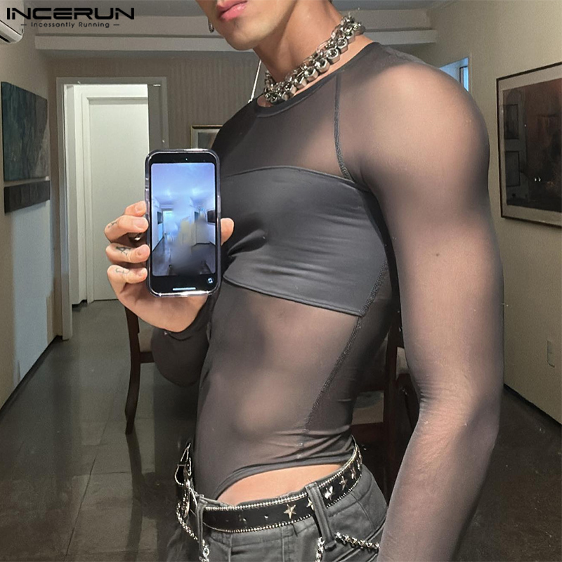 INCERUN Mens Long Sleeve Fitting Patchwork See Through Mesh Casual