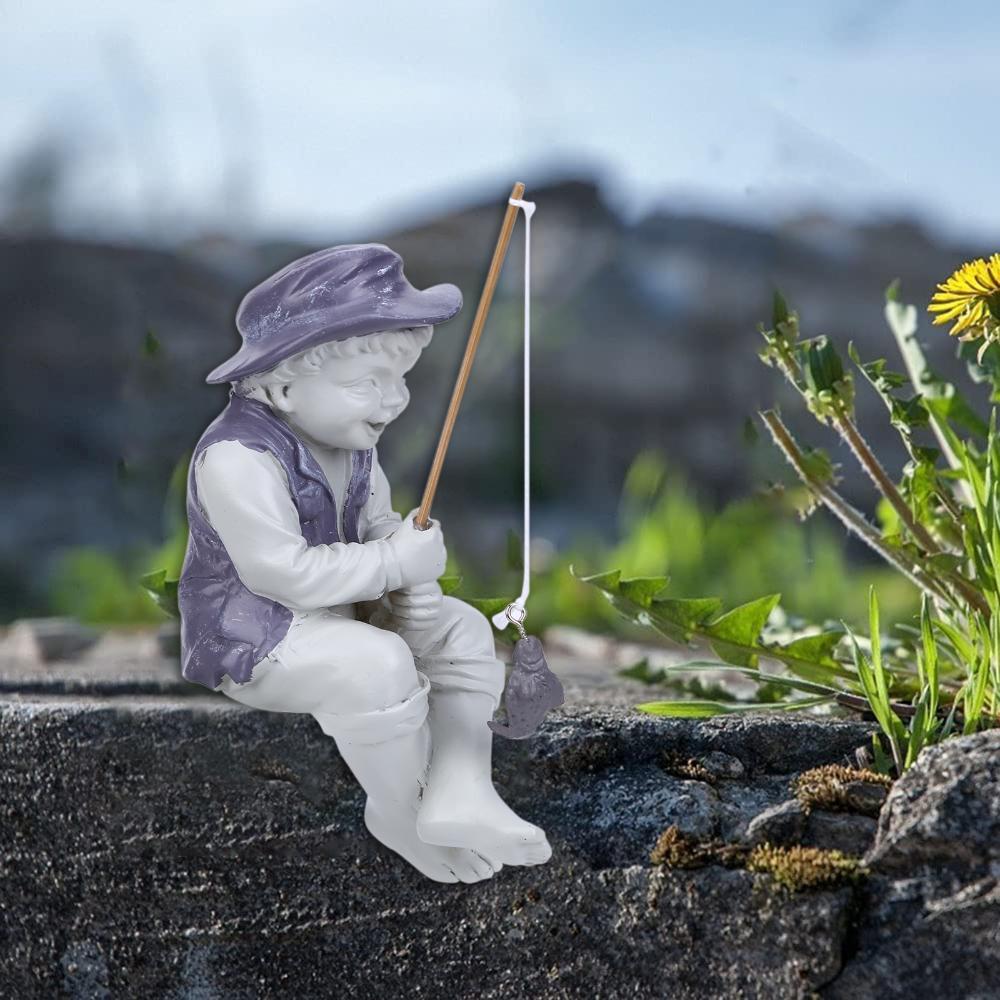 Garden Statue Gone Fishing Boy Ornaments Fisherman with Fishing Rod  Sculpture