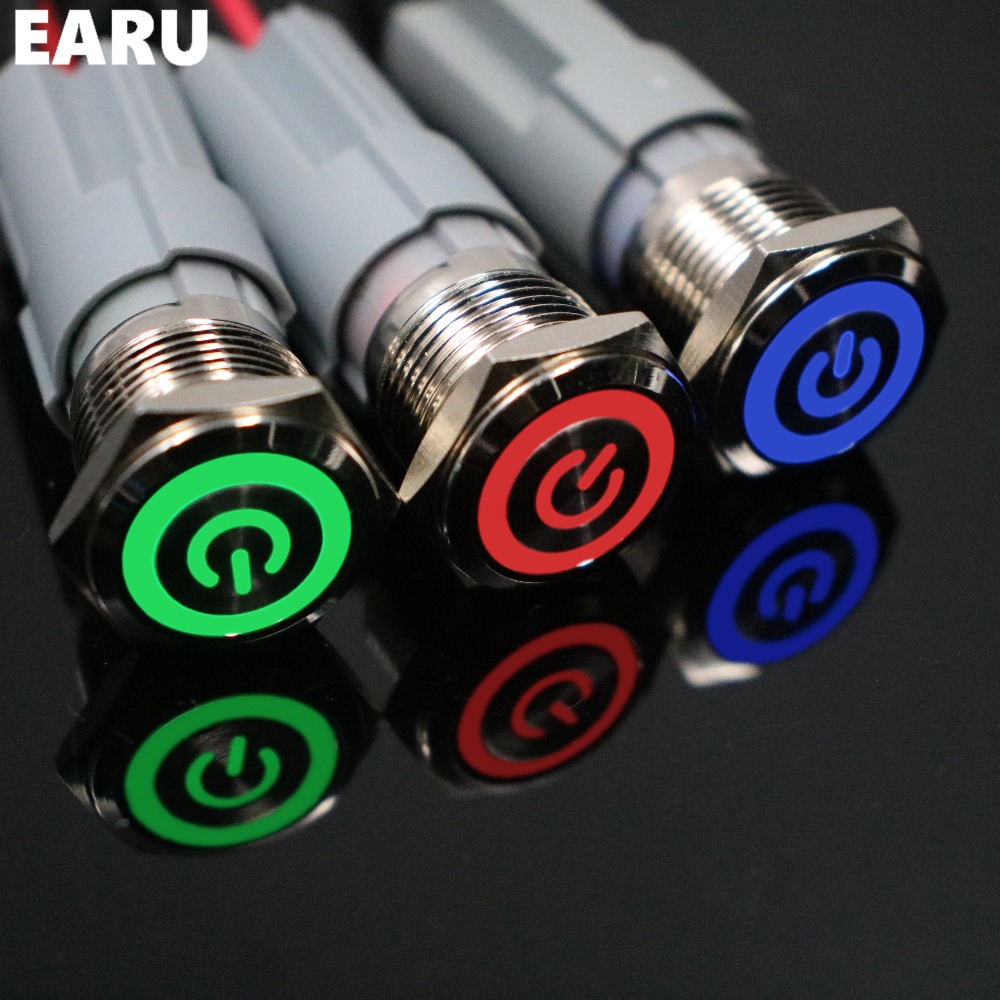 【TrendGlobe】16mm Metal Stainless Steel Momentary LED Horn Push Button Switch 5V 12V 24V 110V 220V Waterproof Car Auto Engine PC Power Start. 