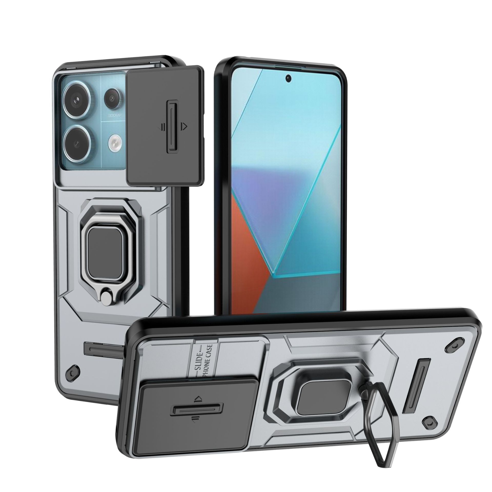 Xiaomi Redmi Note 13 Pro 5G Case with Slide Camera Cover,Rotated Ring Kickstand Military Grade Shockproof Protective Cover.