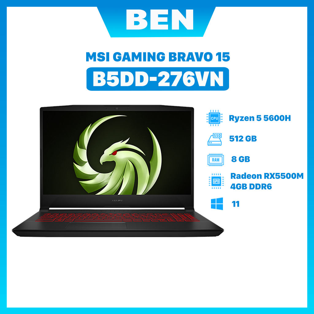 Laptop MSI Bravo 15 B5DD-276VN ( R5-5600H – 8GB – 512GB – 15.6′ FHD – Win 11 ) – Hàng chính hãng – BH12T