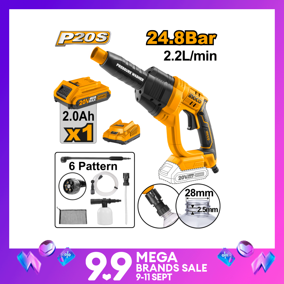 INGCO P20S Cordless LithiumIon Pressure Washer with 6pattern Spray