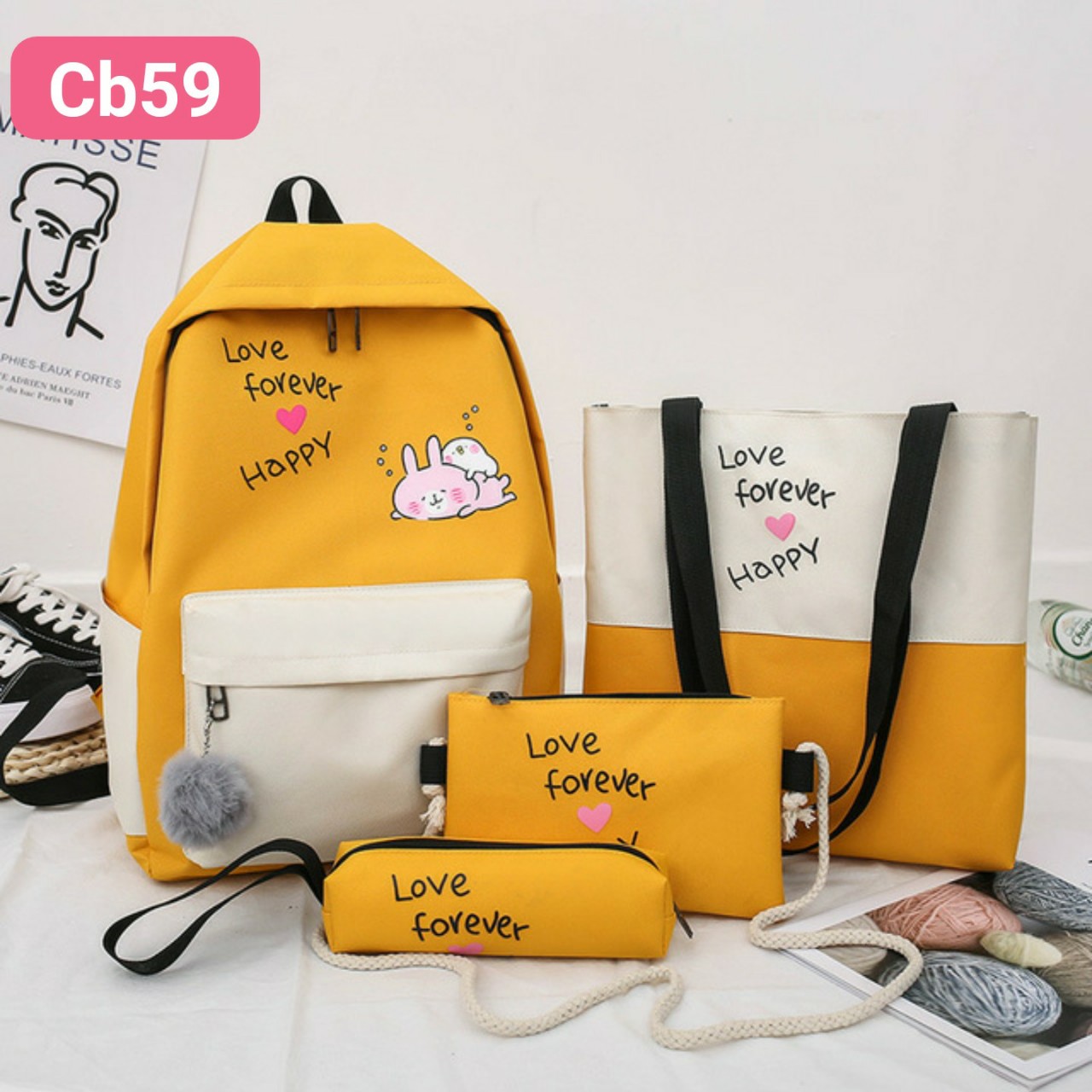 combo balo 4 món hai chú thỏ dễ thương cb59