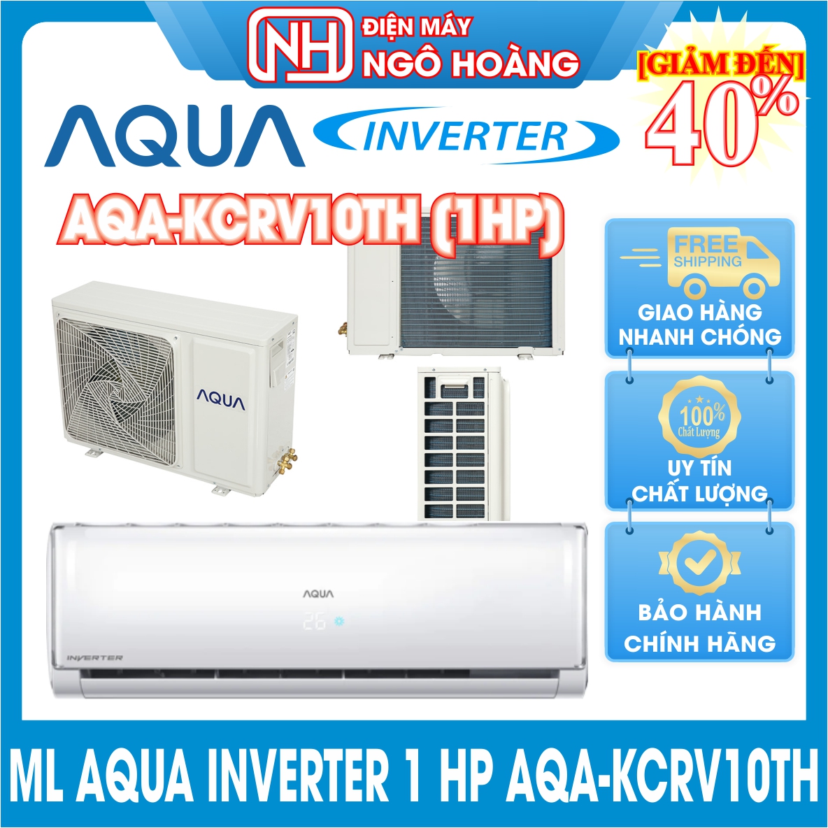 Máy Lạnh AQUA Inverter 1.0 HP AQA-KCRV10TH (Giao hàng miễn phí Tphcm- Ngoại tỉnh có tính phí)
