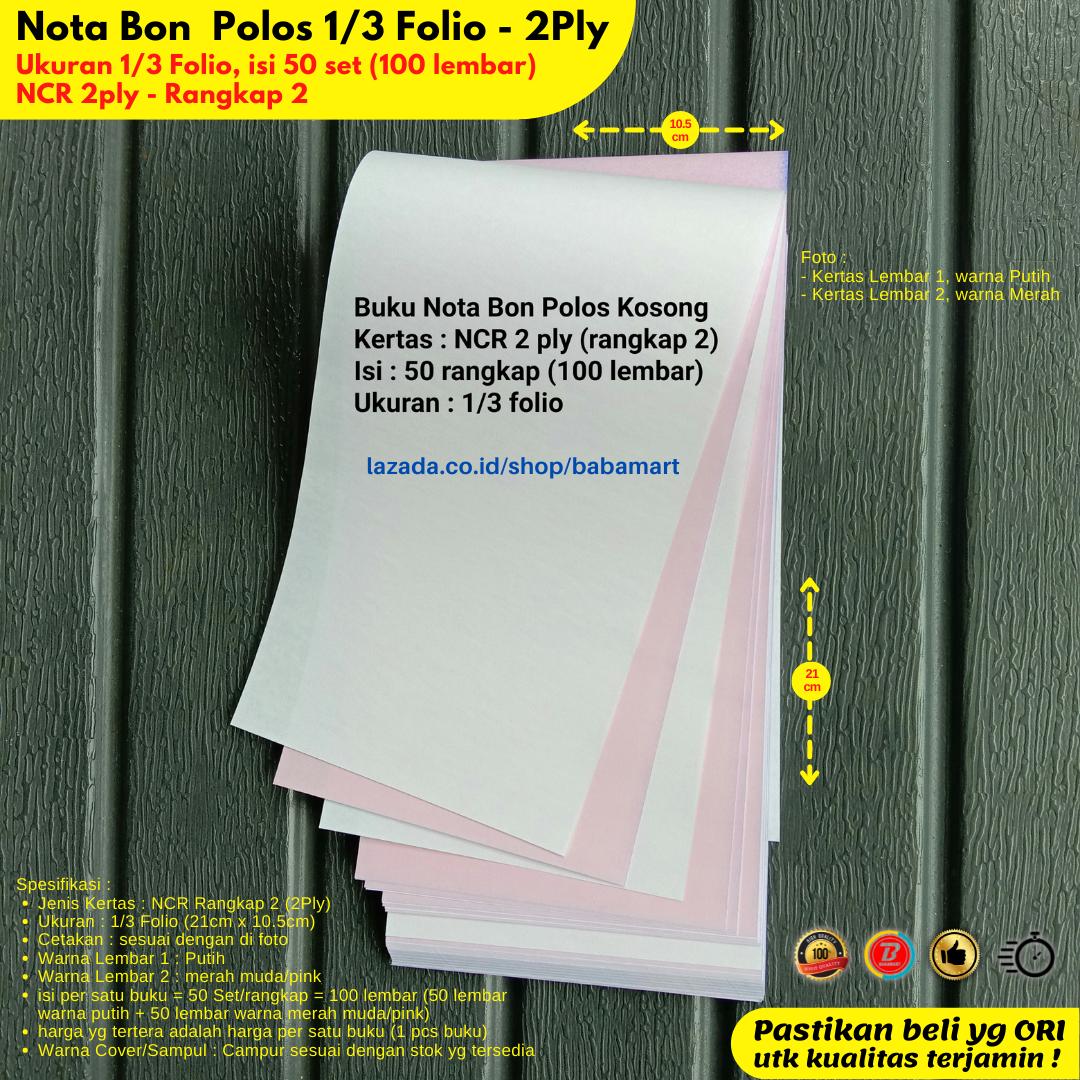 Nota Bon Ncr Polos Kosong 1 3 Folio 2 Rangkap 2 Ply Putih Merah Lazada Indonesia