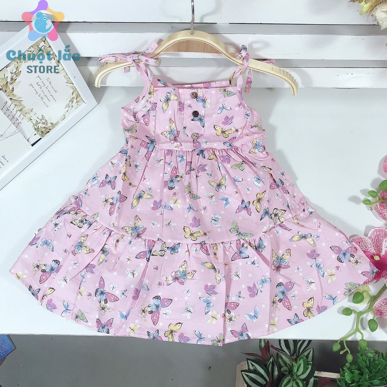 Váy Bé Gái Mùa Hè Kiểu 2 Dây Chất Kate Lụa Mát Mẻ In Hình Hoa Bướm 7kg Đến 15kg Màu Hồng, Xanh