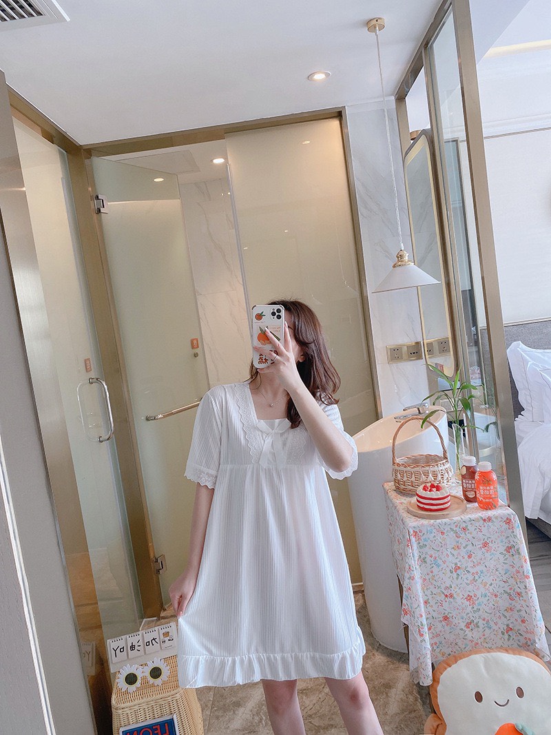 Đầm Ngủ Nữ Mặc Nhà Kẻ Sọc Nơ Lụa Ren Cực Dễ Thương