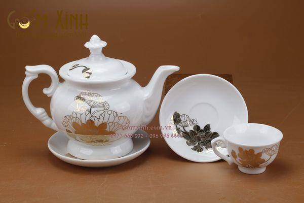 Bộ ấm chén Bát Tràng Phú Quý sen khóm vàng kim