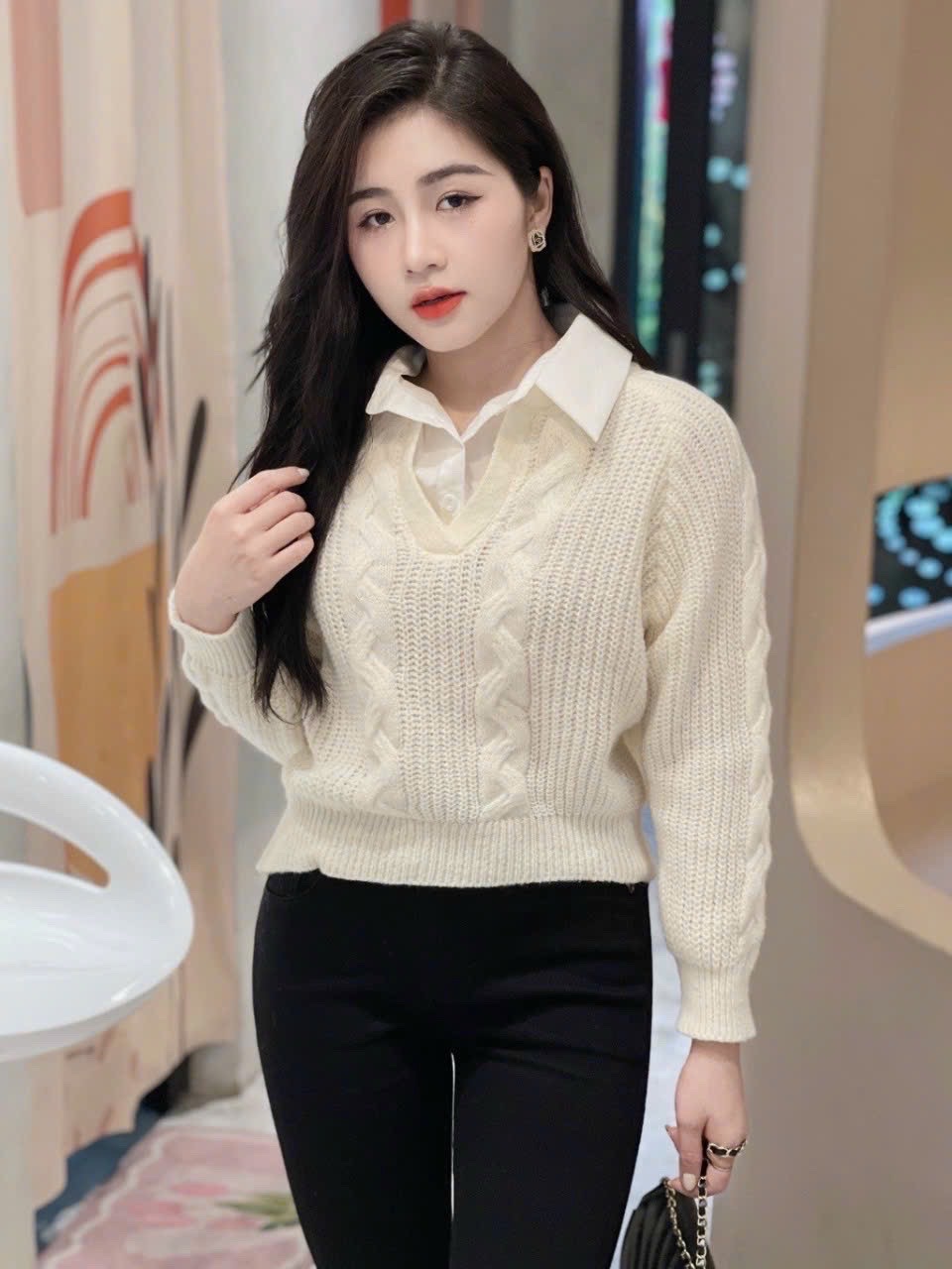 Áo len nữ tay dài phối cổ sơ mi, len dày đẹp