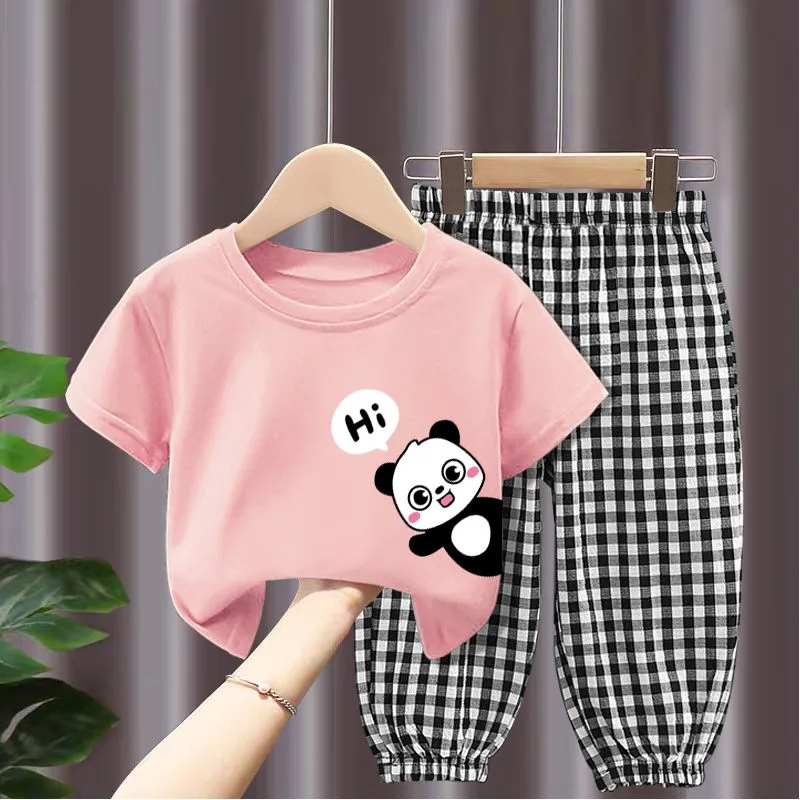 2023 New Girls 2pcs Suit Summer Panda Print Pattern T-shirt + Plaid Pants Children Clothing Sets Short-sleeved Cotton Little Girls Clothes 2-10 Years