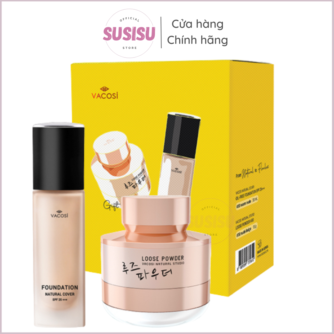 Set Kem nền & phấn phủ kiềm dầu mịn da Vacosi SPF25 +++