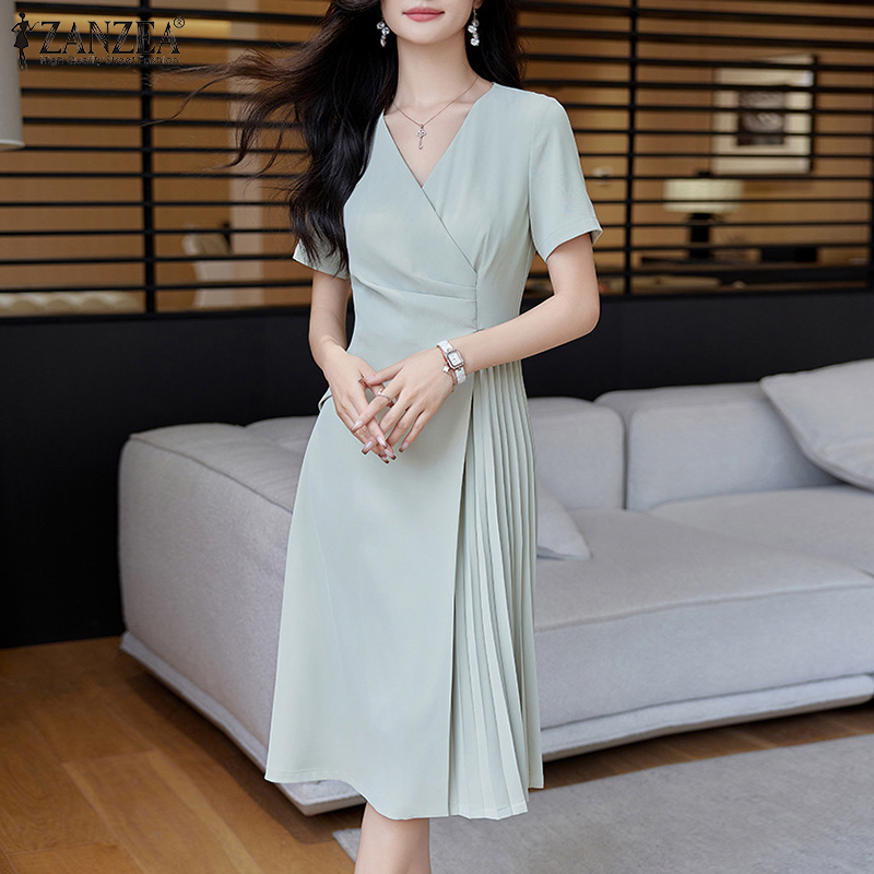 ZANZEA%20Korean%20Style%20Women%20Elegant%20Pleats%20A-Line%20Dress%20V-Neck%20Solid%20Color%20OL%20Mid%20Dresses%20With%20Back%20Zipper%20-%20Image%204
