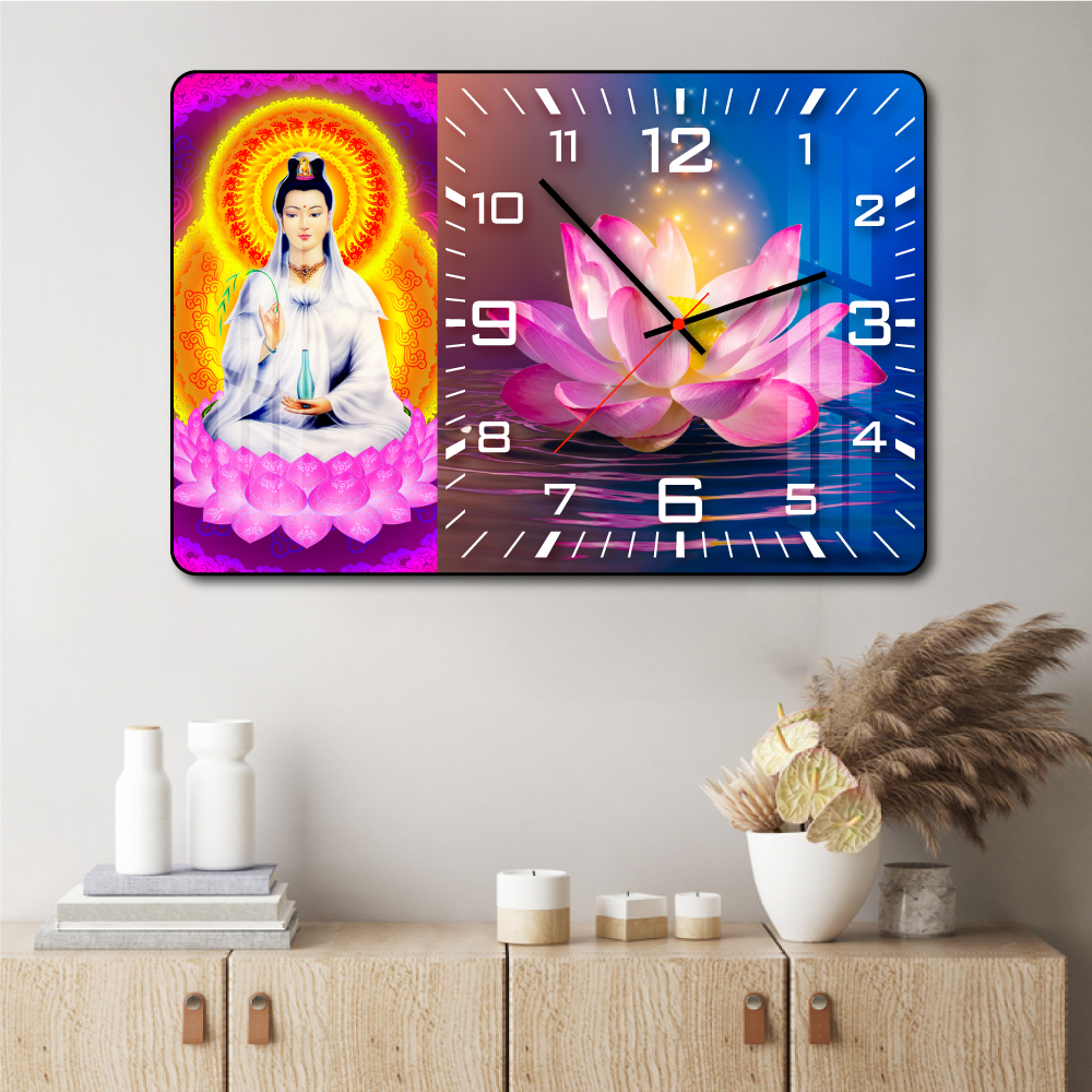 Lalashop - Tranh Phật Kèm Đồng Hồ Treo Tường Tráng Gương Cao Cấp Tranh đồng hồ tráng gương decor phòng khách Tranh Treo Tường Phật Quan Âm Bồ Tát Tranh Phật