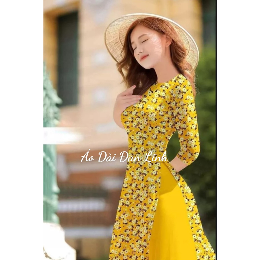 Áo dài in 3D hoa nhí màu vàng rẻ đẹp- Áo Dài Đan Linh