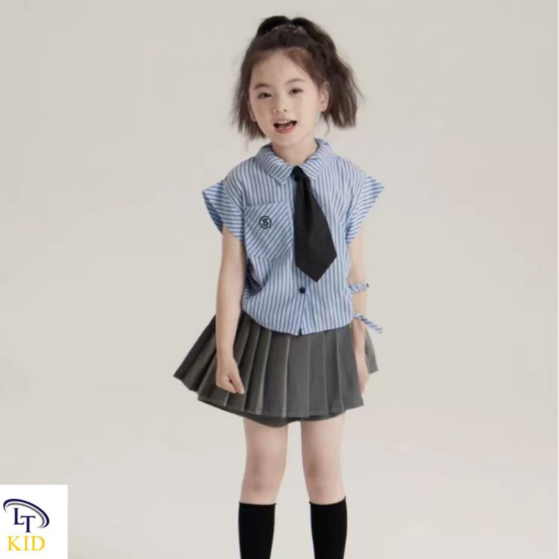 Sét áo kẻ chân váy xếp ly học sinh kèm cavat cực chất cho bé