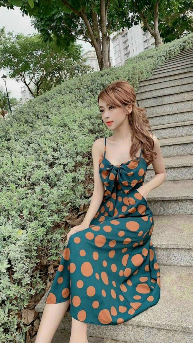 Đầm, Váy Maxi 2 Dây Form Dài In Họa Tiết Chấm Bi