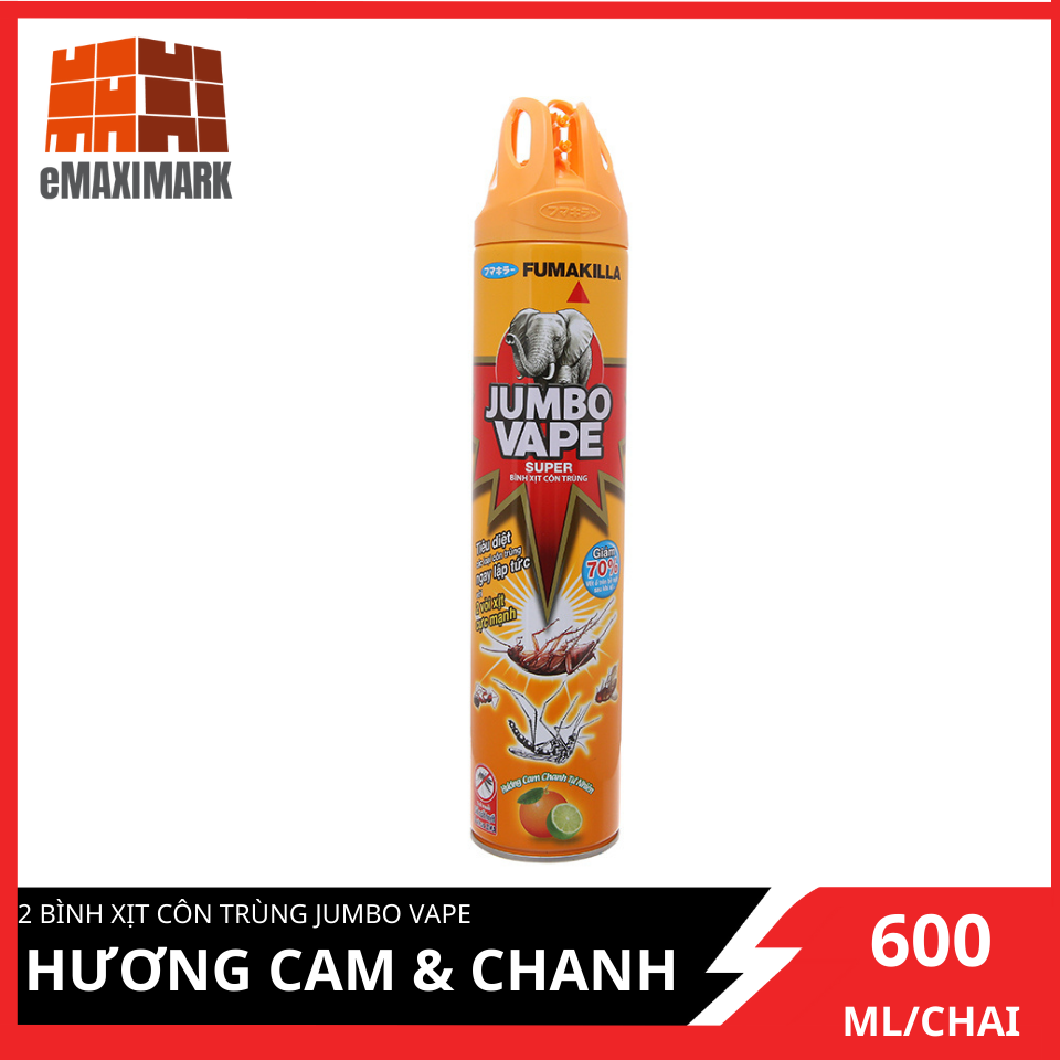 [HCM ship 2h] Xịt Côn Trùng Jumbo Vape Hương Cam & Chanh Chai 600ML
