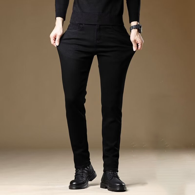 MOLAN Men's black jeans with velvet straight elastic business leisure spring and autumn new denim trousers fashion new youth fashion pants