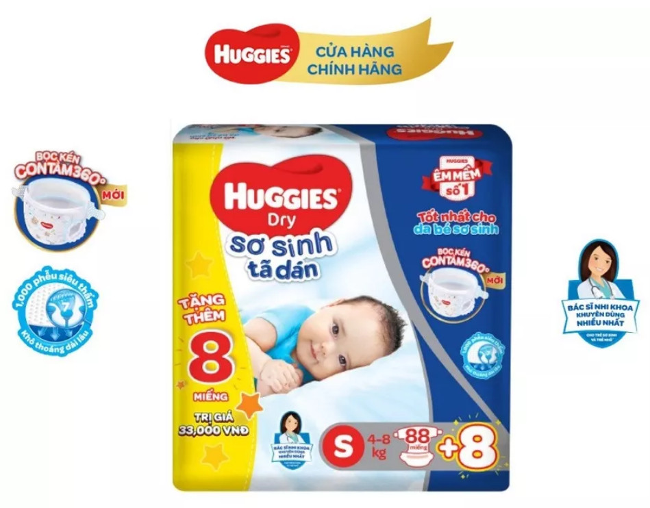 TẢ DÁN HUGGIES S 88 MIẾNG TẶNG 8 MIẾNG - TỪ 4-8KG