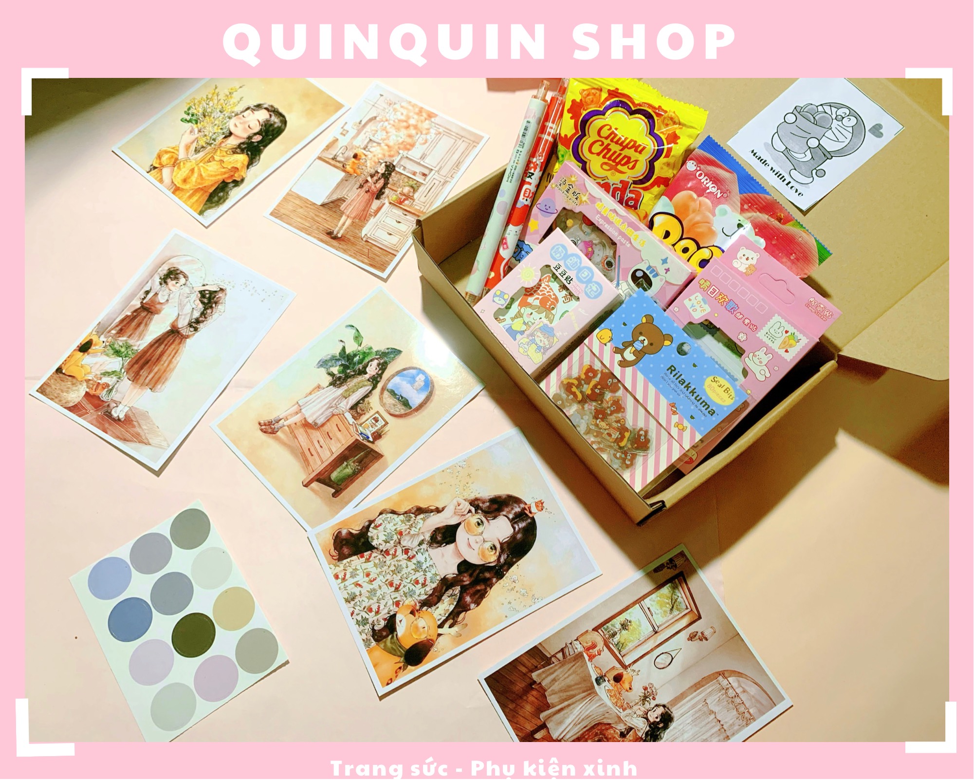Hộp sticker kèm postcard phong cách vintage siêu dễ thương <Tặng kèm Sticker dán>