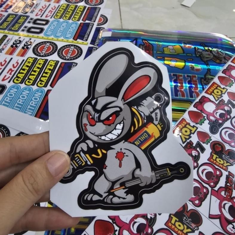 Tem sticker thỏ điên cầm phuộc OH 10cm