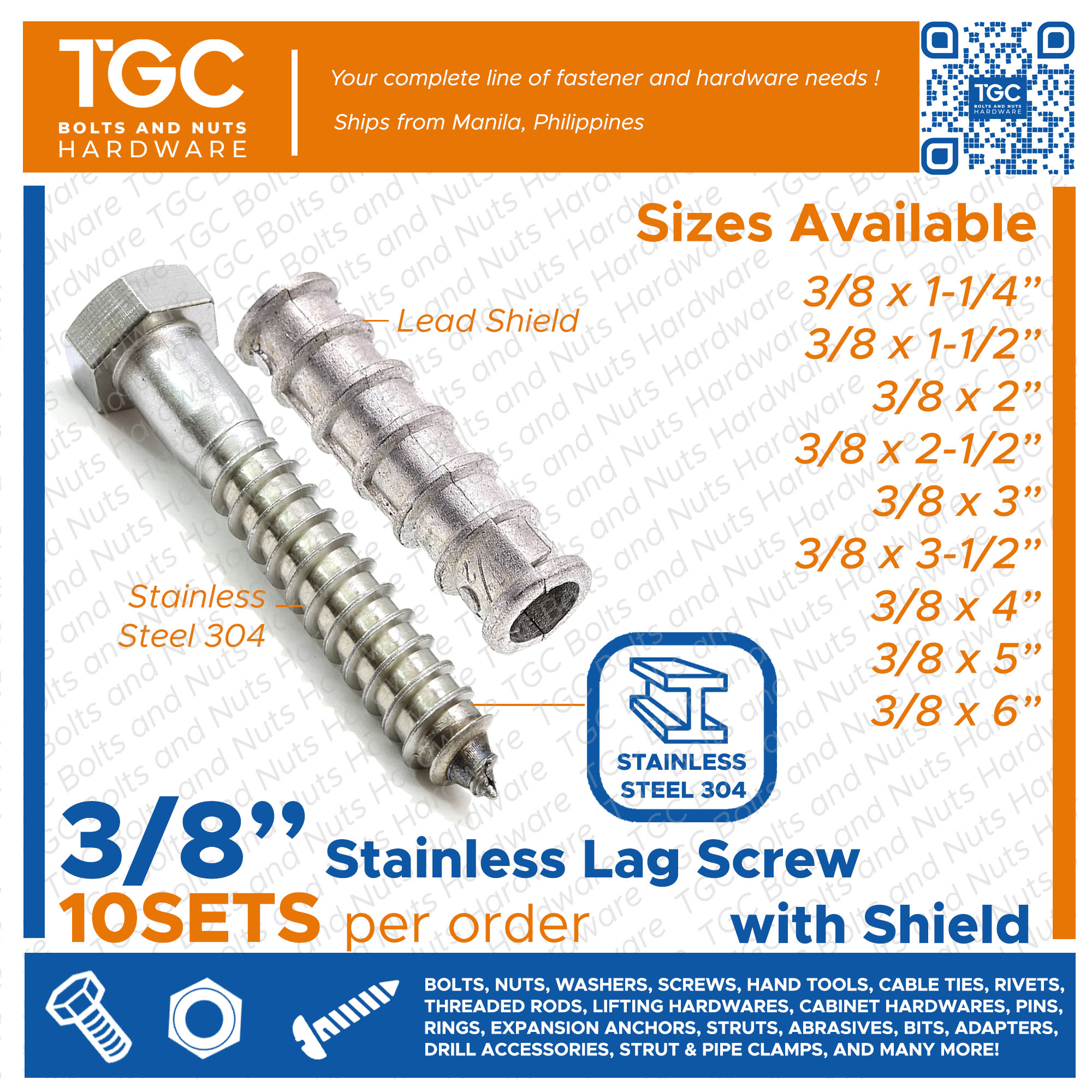 TGC 10PCS 3 8 X 1 1 4 6in STAINLESS Lag Screw With Expansion Shield 