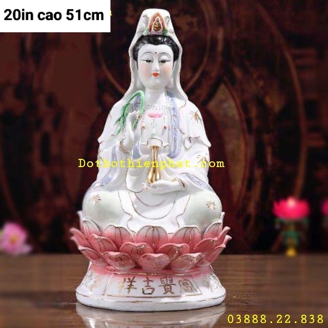 Tượng Quan Âm Sứ tòa sen hồng 20in cao 51cm