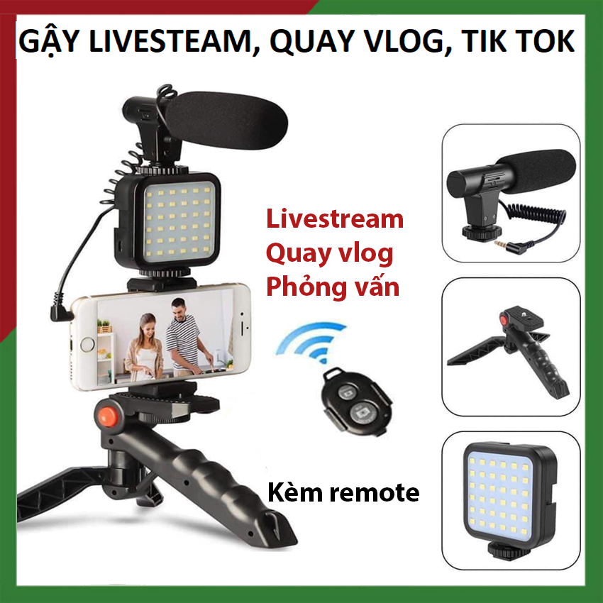 Gậy live stream, quay phim, chụp ảnh 3 chân có micro và đèn LED. Gậy vlog