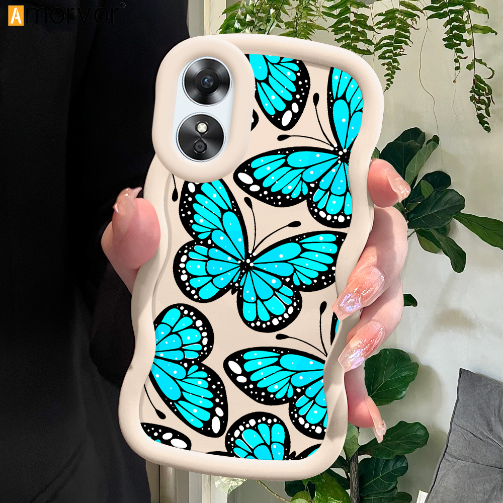 AMORVOR for OPPO A16 A16S A15 A15S A17 A17K Back Cover Sky Blue Butterfly Pattern Luxury Phone Case Macaron Wave Soft Silicone Mobile Cover.