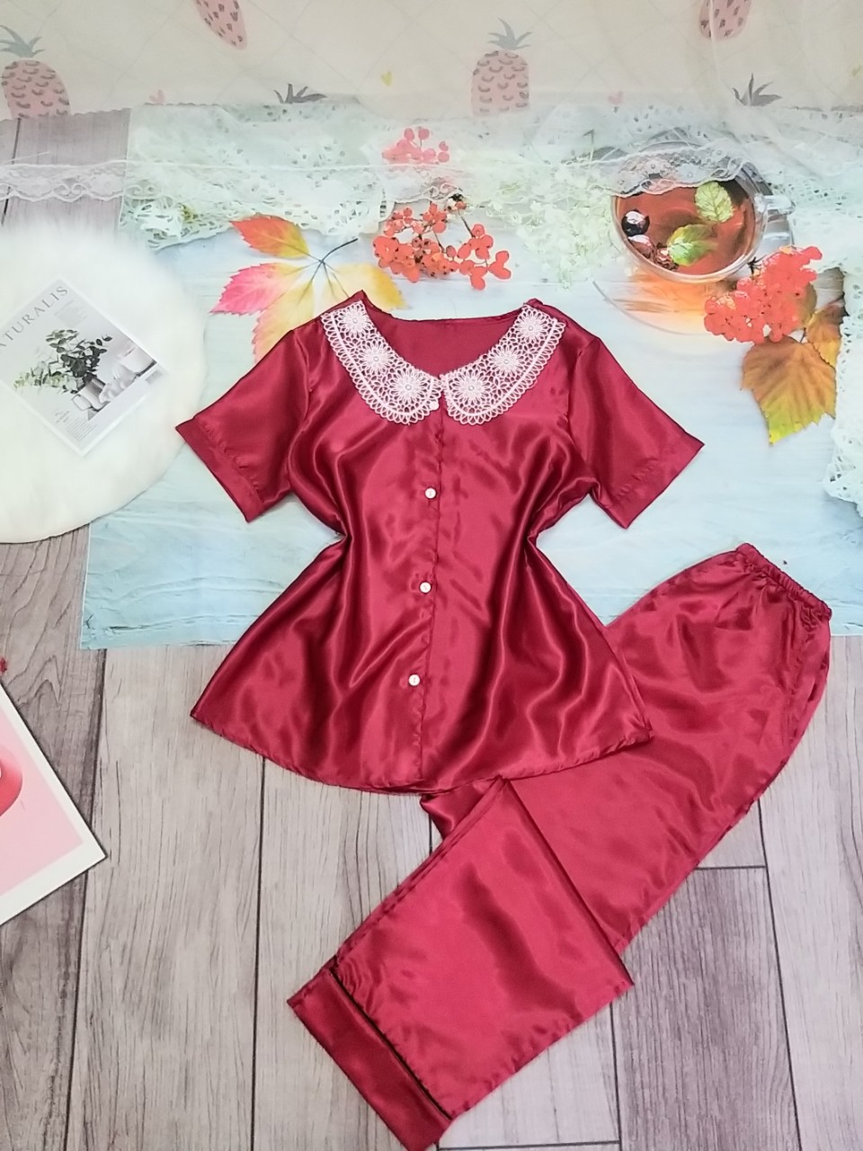 Set Pijama Tay Ngắn Tiểu Thư Siêu Xinh  Đồ Bộ Pijama Tay Ngắn Nữ Vải Phi Bóng Freesize dưới 58kg