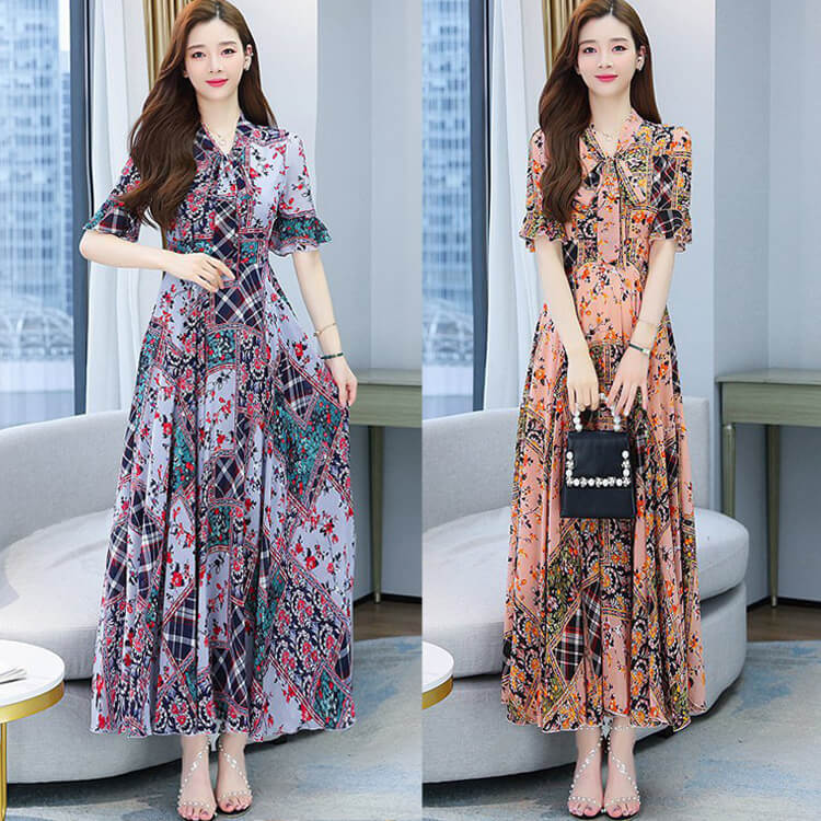 Đầm maxi họa tiết nơ cổ kv320-30