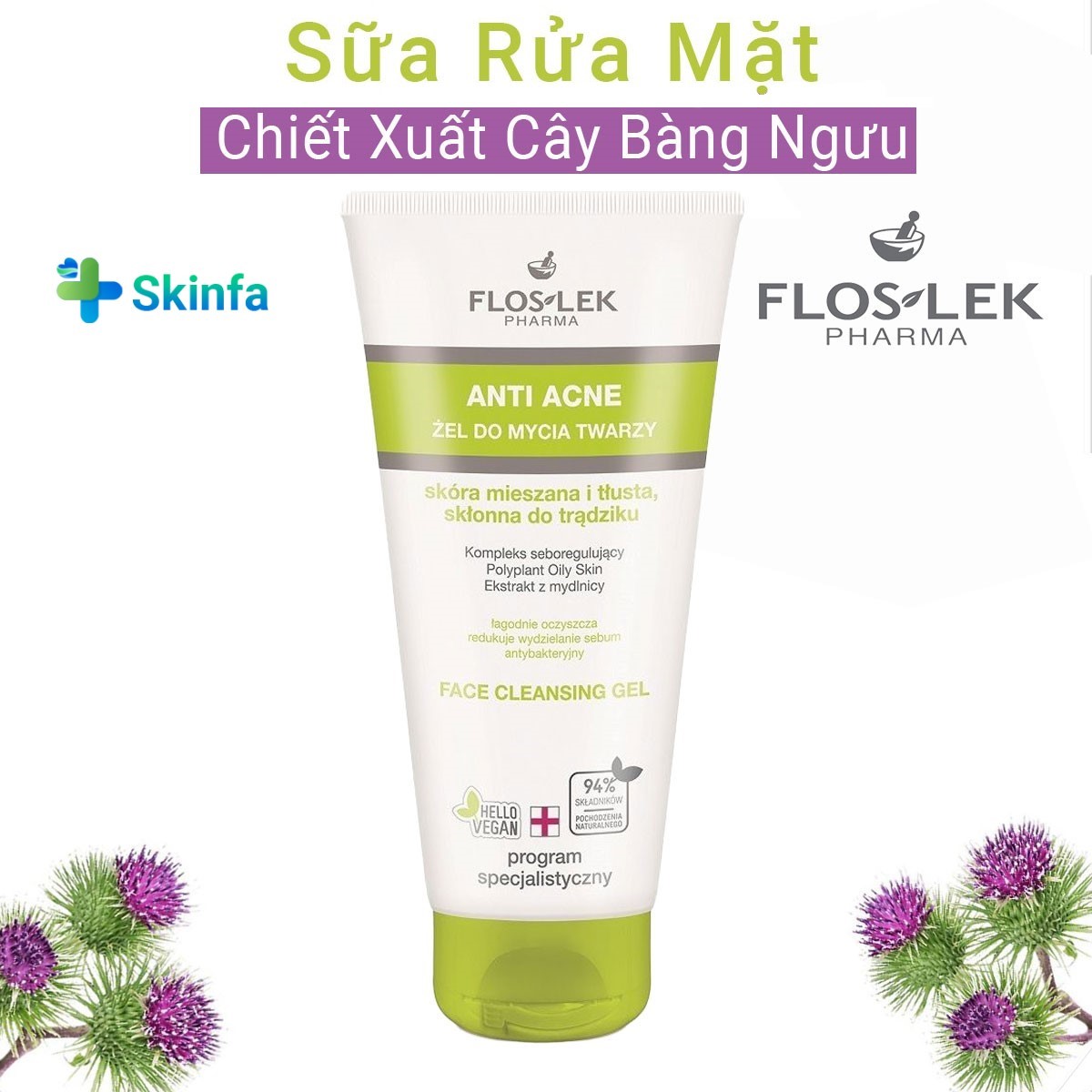 Sửa Rửa Mặt Floslek Cho Da Nhờn Mụn Anti Acne Bacterial Face Cleansing Gel thumbnail