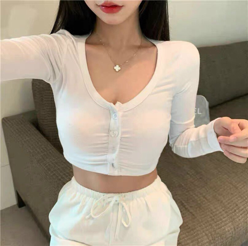 Áo Croptop Thun Gân Tay Dài Nút