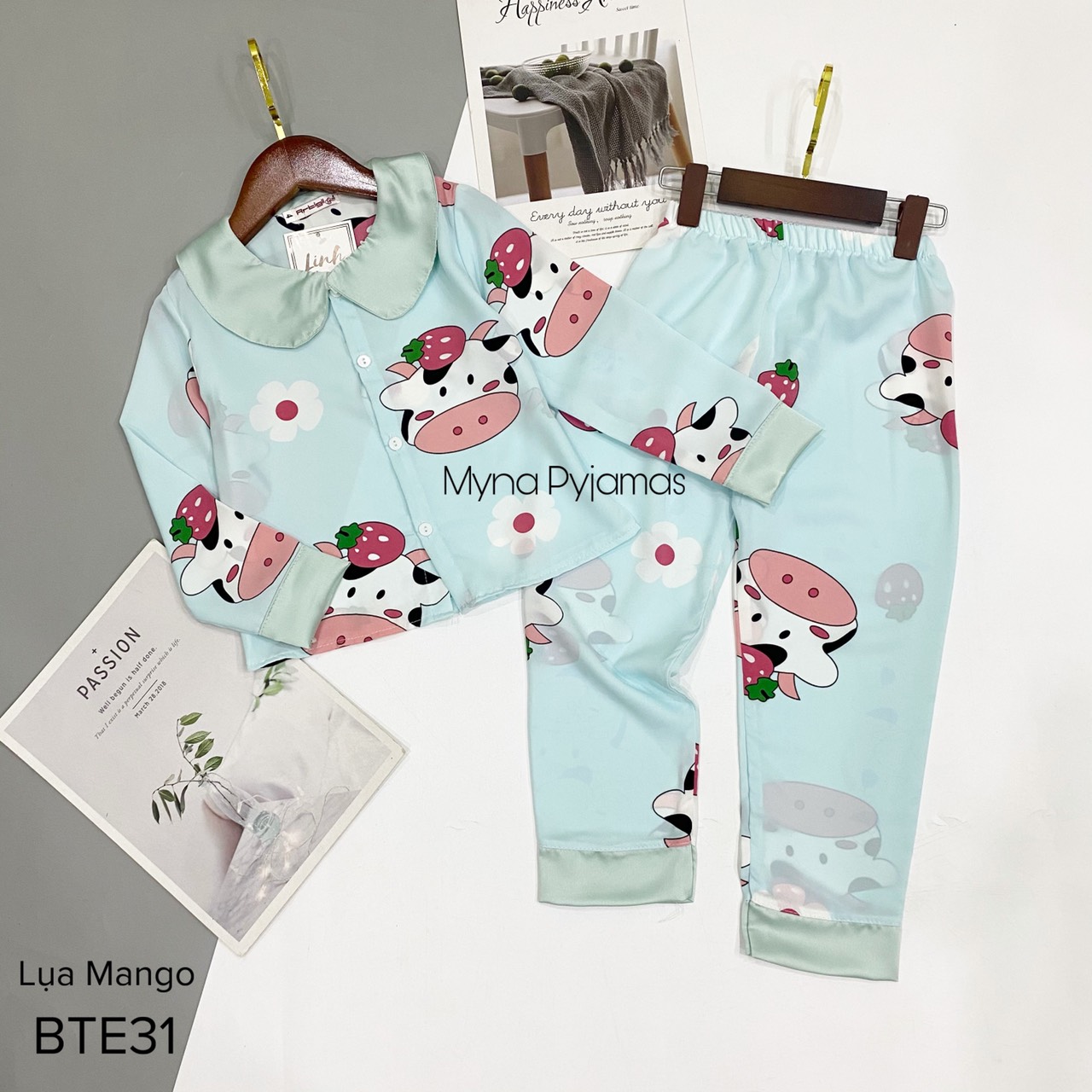 Bộ trẻ em tay dài, chất lụa Mango, ảnh chụp thật - MYNA PYJAMAS