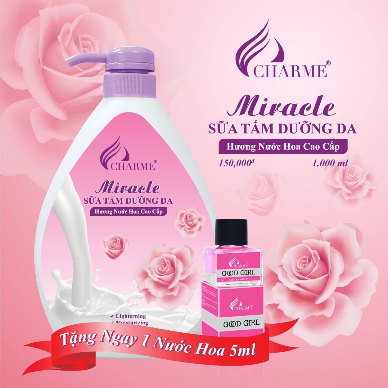Sữa Tắm Hương Nước Hoa Miracle Chamme 1000ml Trắng Da, Dưỡng Ẩm (Có Tặng Kèm Nước Hoa) Chính Hãng