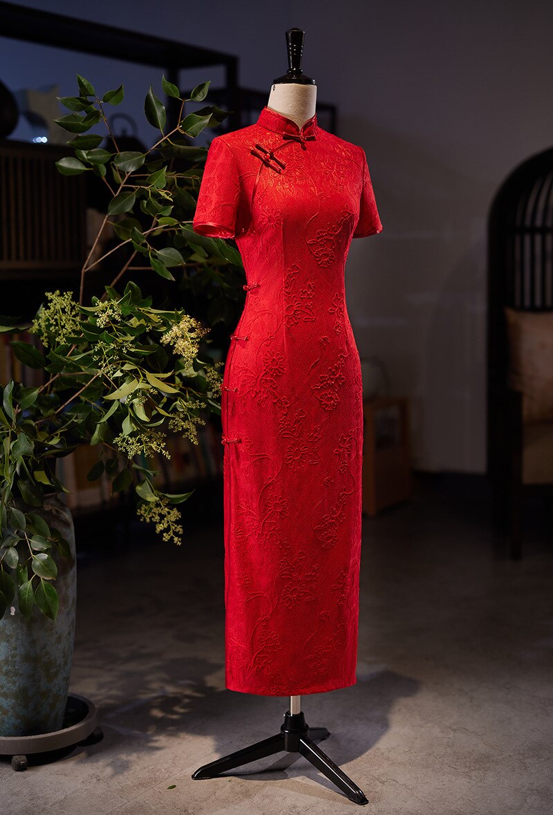 Women Qipao Elegant Short Sleeve Cheongsam Wedding Party Dress Gown Floral Chinese Traditional Mandarin Collar Long Vestidos