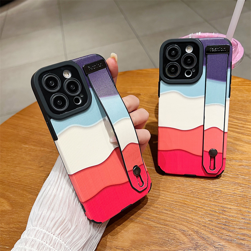 Colorful Wave Pattern Fashion Phone Case for IPhone 7 8 Plus SE 3 Shockproof Phone Case for IPhone 11 12 13 14 Pro Max Casing Leather Wristband Back Cover