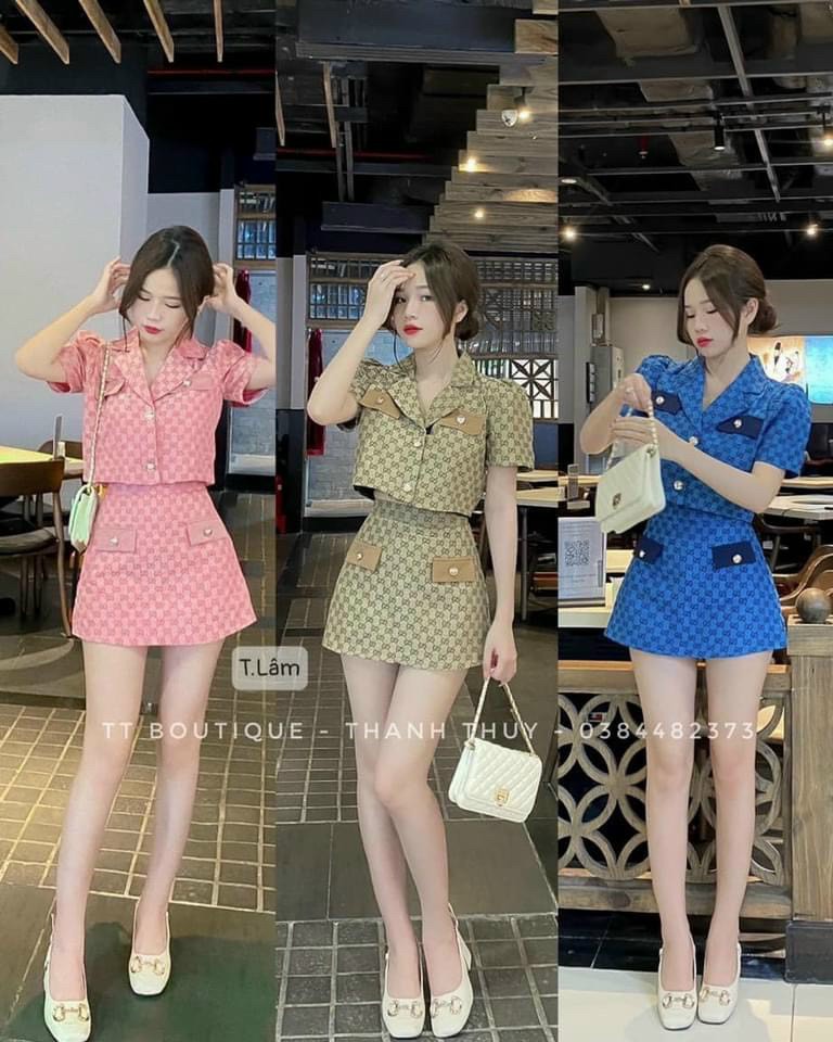 Set váy rời áo ngắn tay croptop cổ vest chân váy giả túi