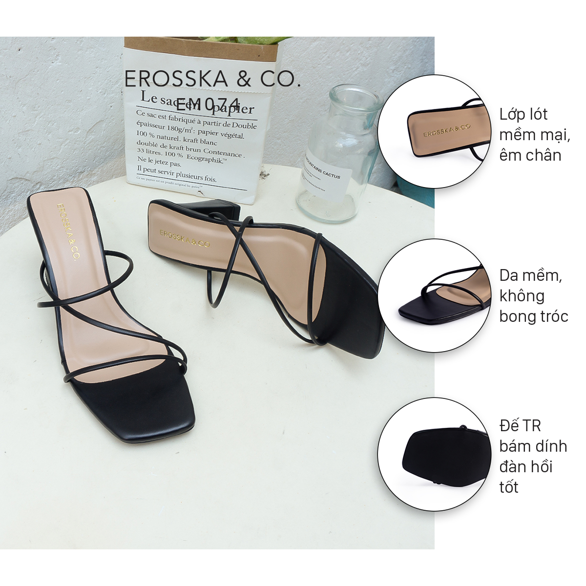 Dép cao gót Erosska mũi vuông phối dây kiểu dáng Hàn Quốc cao 7cm màu đen - EM074