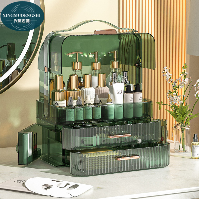 Transparent dustproof cosmetics storage box Desktop double open drawer type clamshell storage cabinet Large capacity storage rack