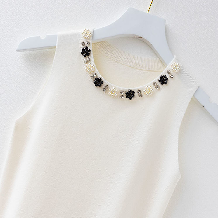 Women Beaded Tank Top Fashion Korean Spring Summer Black White Knitted Shirt Top