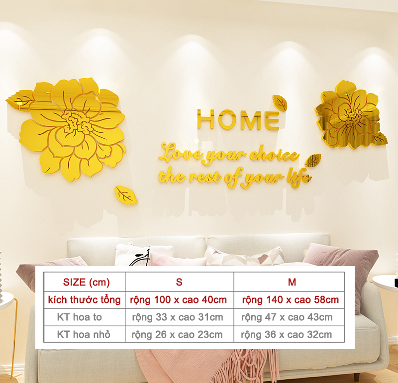 Tranh mica EPeBen dán tường nổi 3d hình Hoa Mẫu Đơn tráng gương vàng bạc decor trang trí Phòng Khách, Phòng Ngủ